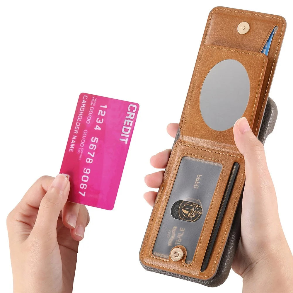 For iPhone 17 Pro Case with Mirror Card Holder RFID Blocking Litchi Texture PU PC Phone Back Cover - Grey - 3