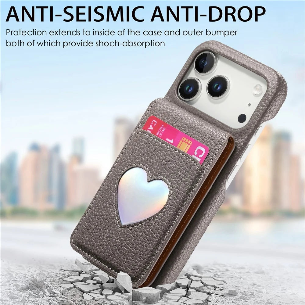 For iPhone 17 Pro Case with Mirror Card Holder RFID Blocking Litchi Texture PU PC Phone Back Cover - Grey - 5