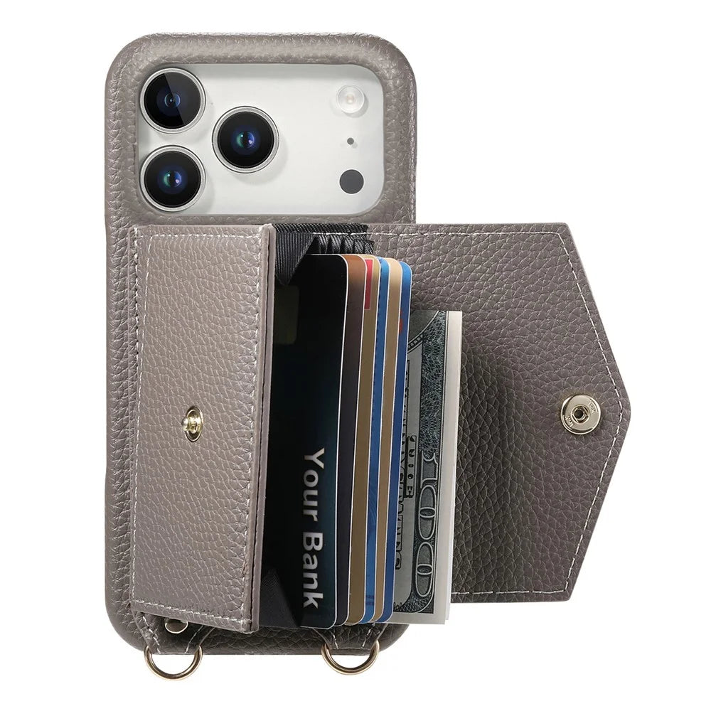 For iPhone 17 Pro Max Case Card Holder Kickstand PU Leather + PC Phone Cover with Mirror and Crossbody Lanyard - Grey - 2
