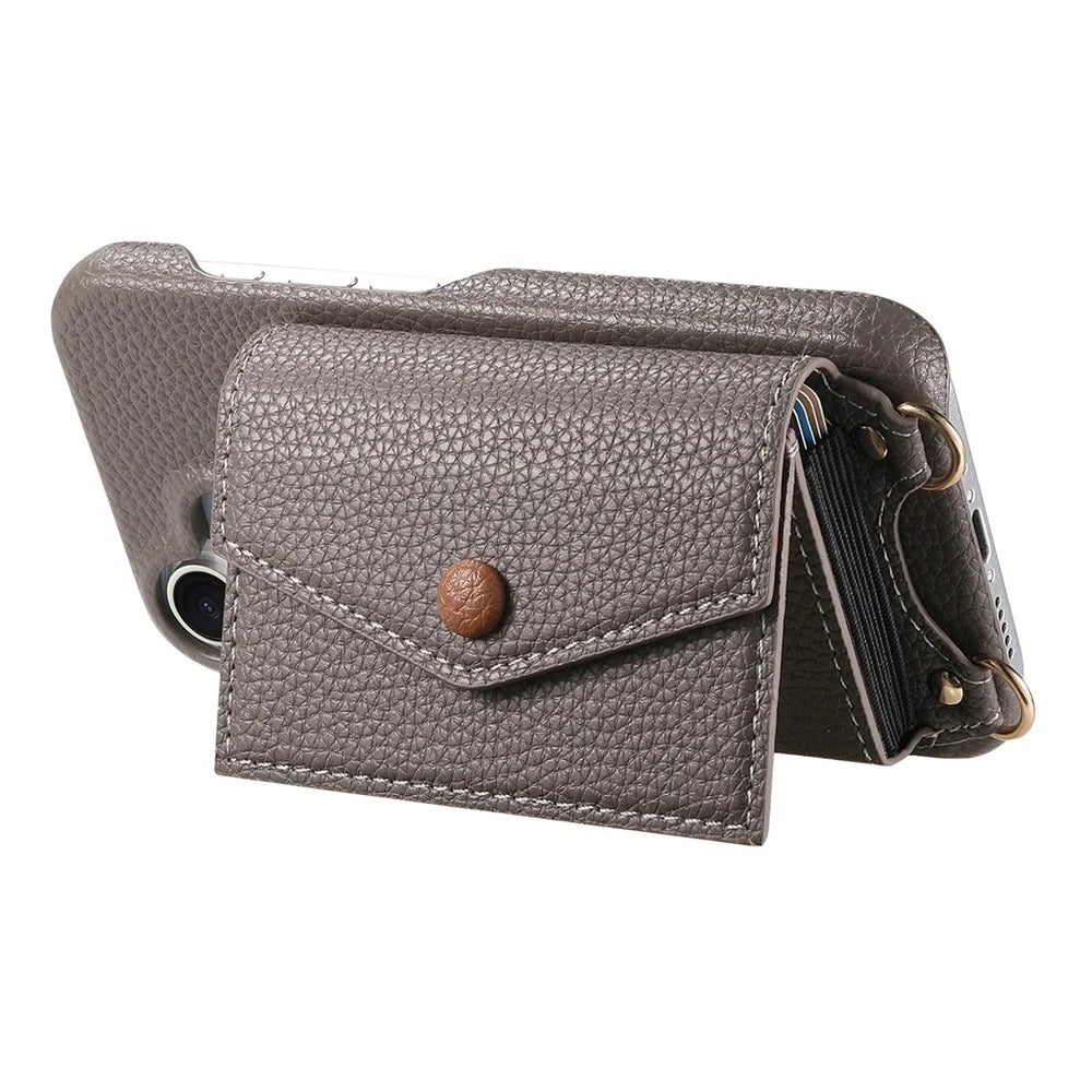 For iPhone 17 Pro Max Case Card Holder Kickstand PU Leather + PC Phone Cover with Mirror and Crossbody Lanyard - Grey - 3