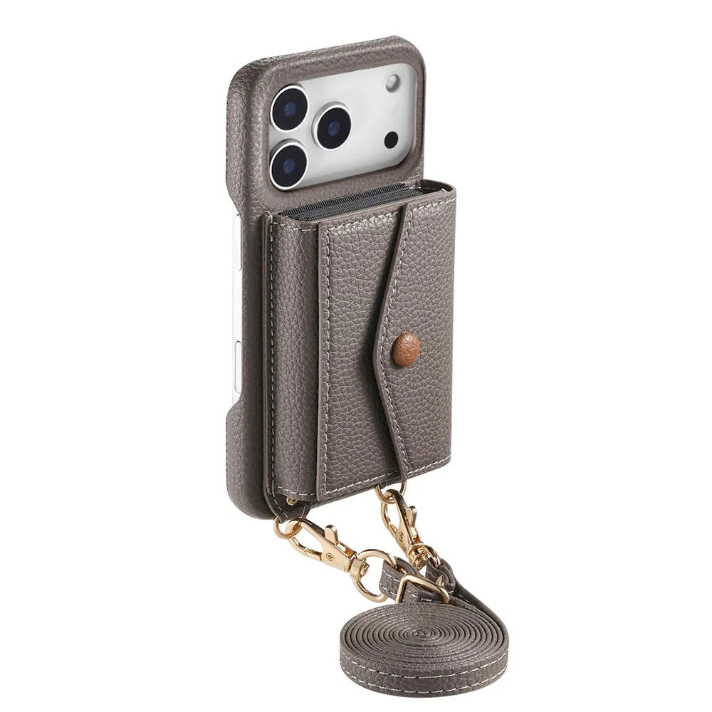 For iPhone 17 Pro Max Case Card Holder Kickstand PU Leather + PC Phone Cover with Mirror and Crossbody Lanyard - Grey - 4