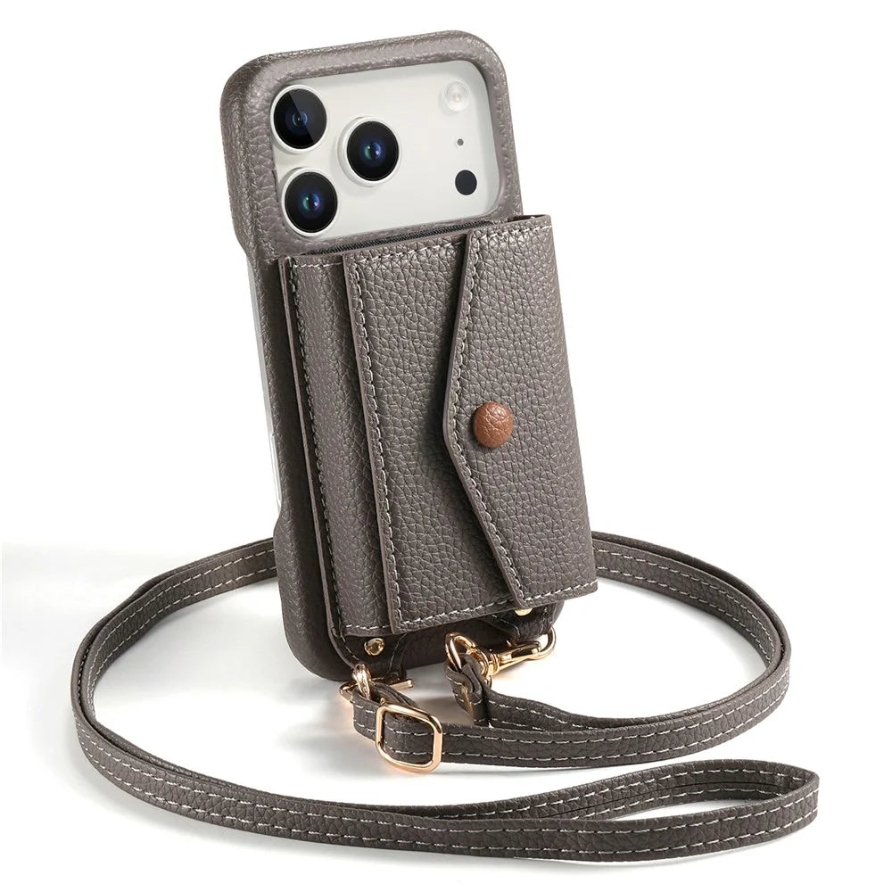 For iPhone 17 Pro Max Case Card Holder Kickstand PU Leather + PC Phone Cover with Mirror and Crossbody Lanyard - Grey - 5