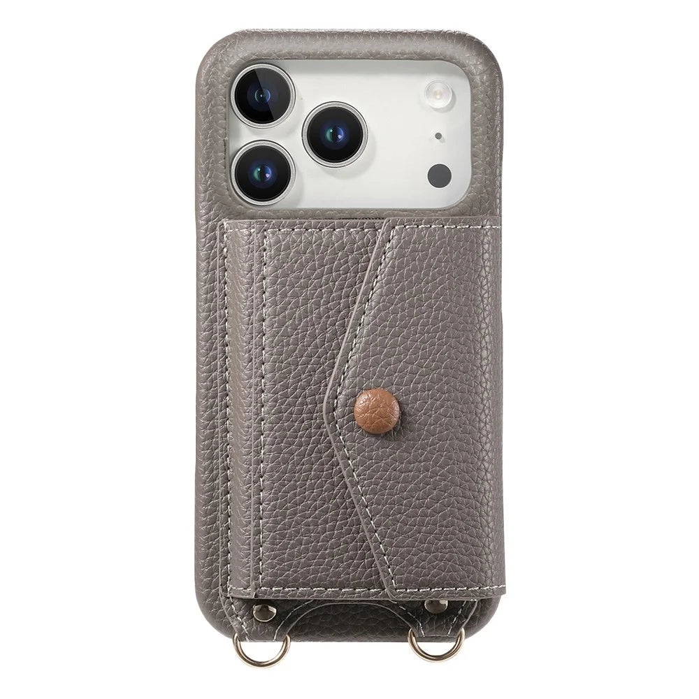 For iPhone 17 Pro Max Case Card Holder Kickstand PU Leather + PC Phone Cover with Mirror and Crossbody Lanyard - Grey - 6