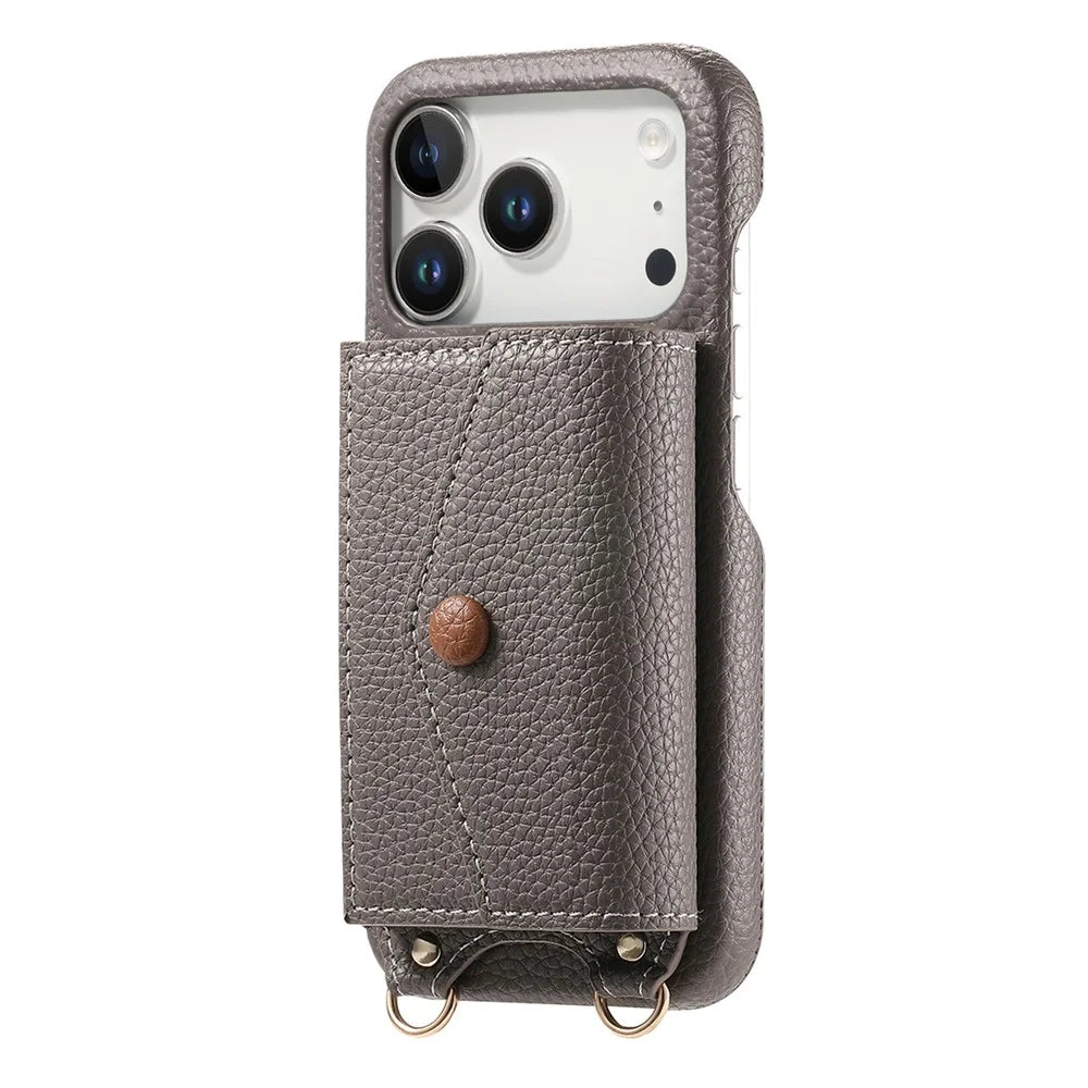 For iPhone 17 Pro Max Case Card Holder Kickstand PU Leather + PC Phone Cover with Mirror and Crossbody Lanyard - Grey - 7