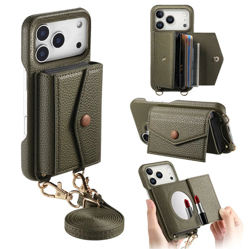 For iPhone 17 Pro Case Card Holder Kickstand PU Leather + PC Phone Cover with Mirror and Crossbody Lanyard - Midnight Green - 1