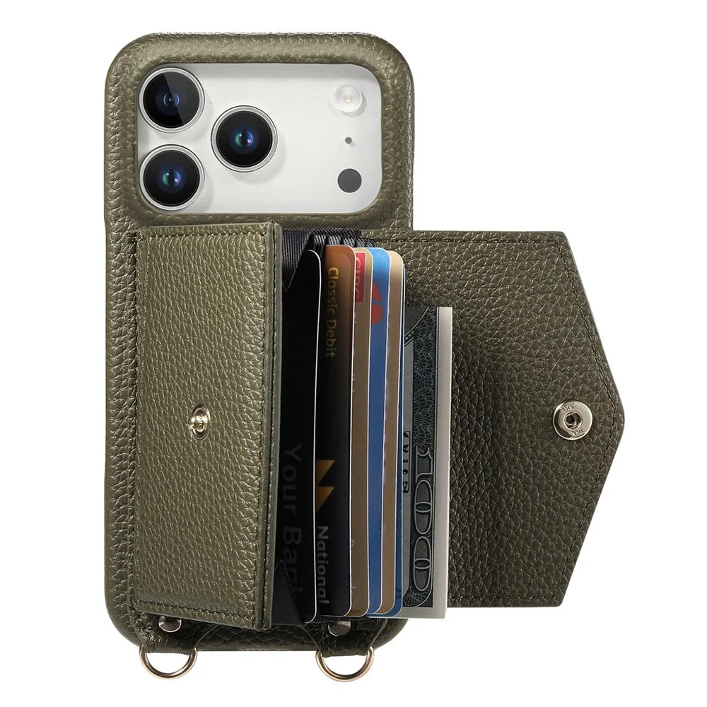 For iPhone 17 Pro Case Card Holder Kickstand PU Leather + PC Phone Cover with Mirror and Crossbody Lanyard - Midnight Green - 2