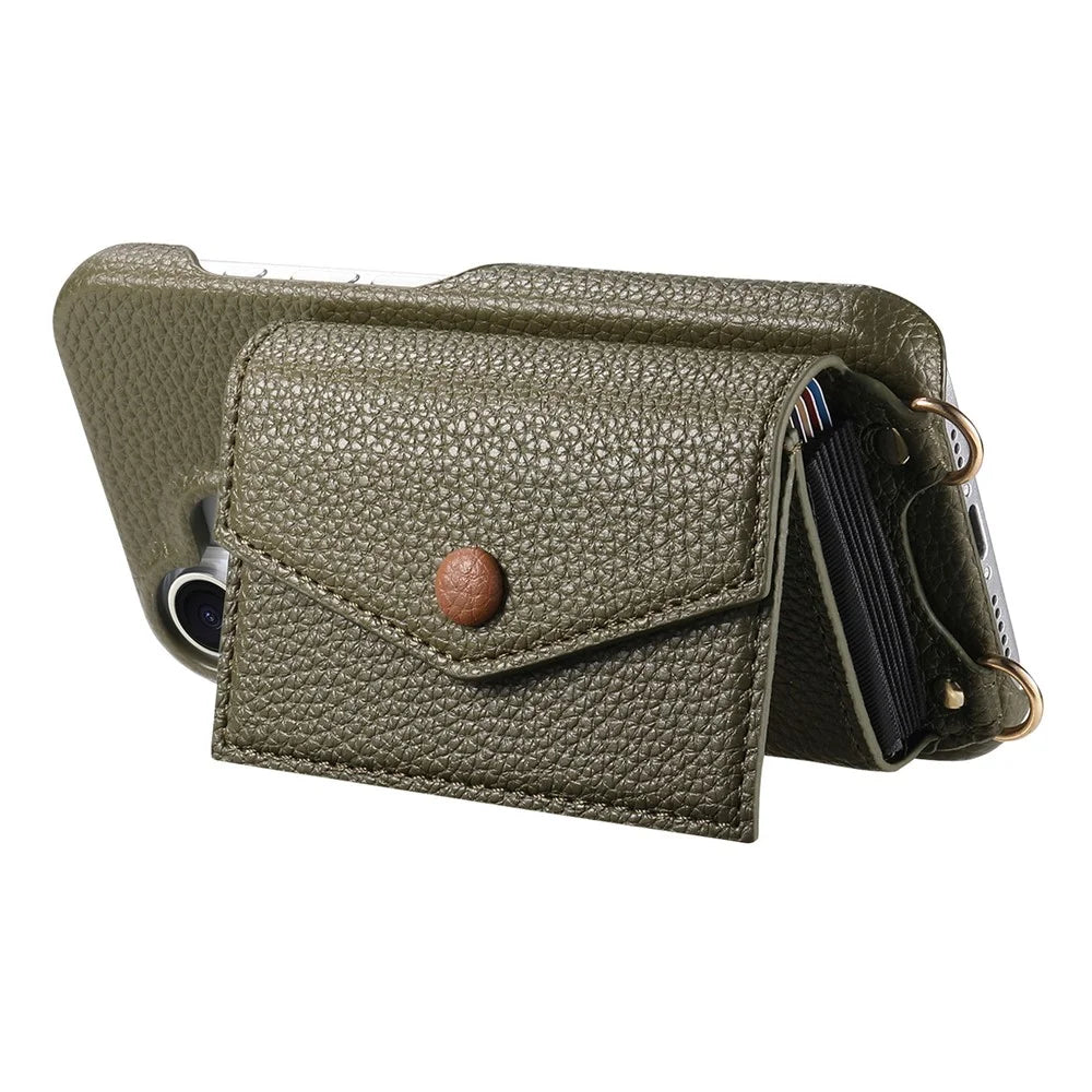 For iPhone 17 Pro Case Card Holder Kickstand PU Leather + PC Phone Cover with Mirror and Crossbody Lanyard - Midnight Green - 3