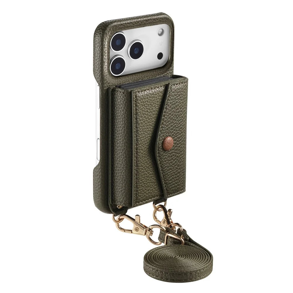 For iPhone 17 Pro Case Card Holder Kickstand PU Leather + PC Phone Cover with Mirror and Crossbody Lanyard - Midnight Green - 4