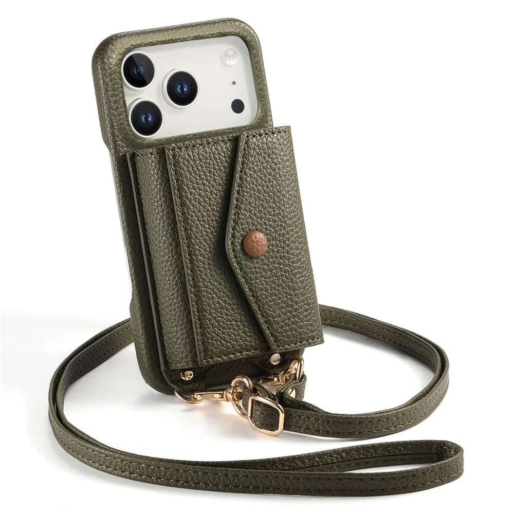 For iPhone 17 Pro Case Card Holder Kickstand PU Leather + PC Phone Cover with Mirror and Crossbody Lanyard - Midnight Green - 5