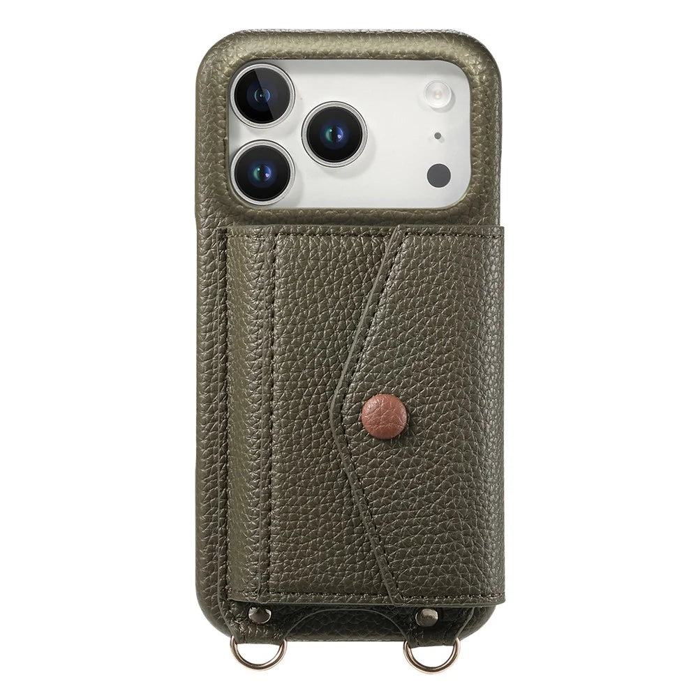 For iPhone 17 Pro Case Card Holder Kickstand PU Leather + PC Phone Cover with Mirror and Crossbody Lanyard - Midnight Green - 6
