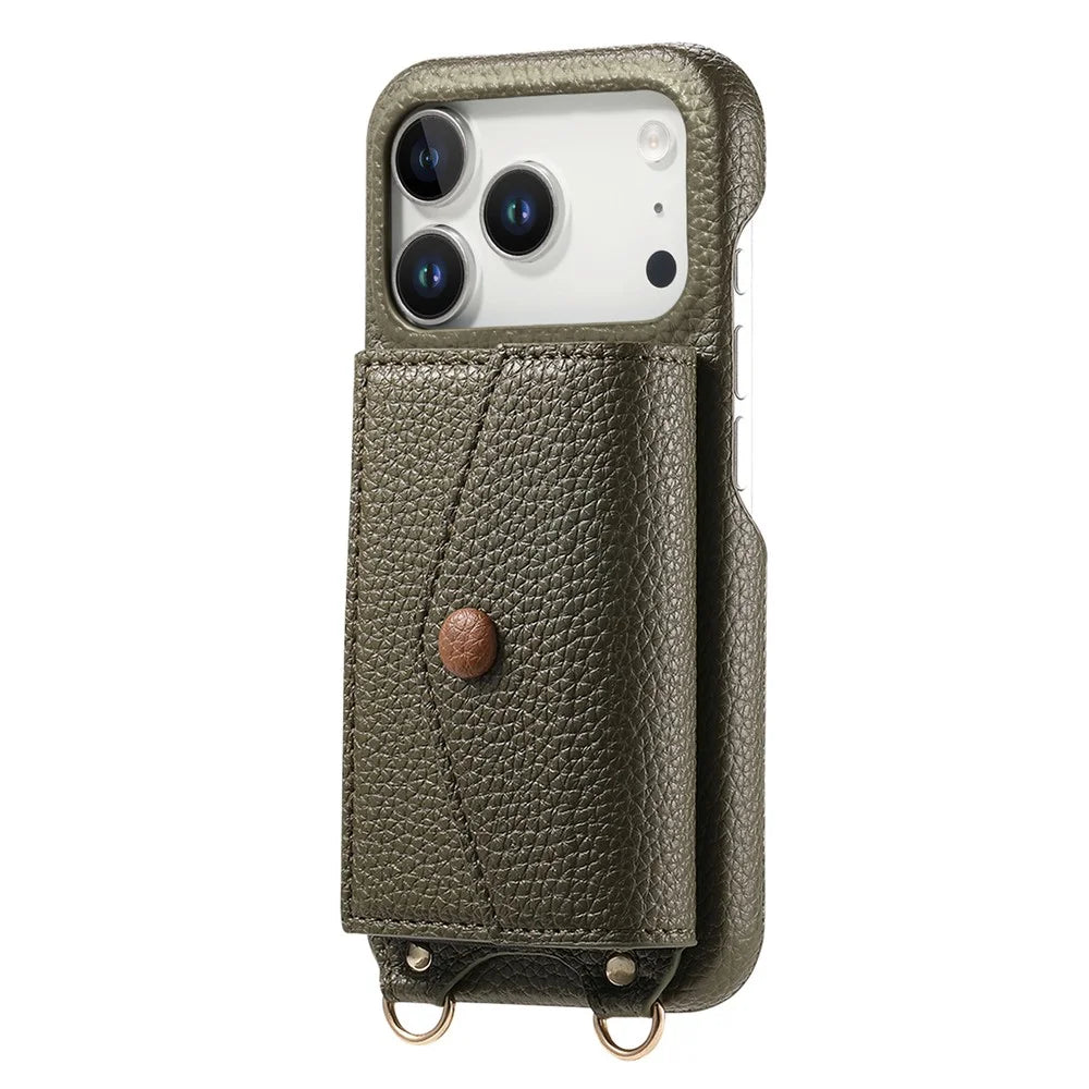 For iPhone 17 Pro Case Card Holder Kickstand PU Leather + PC Phone Cover with Mirror and Crossbody Lanyard - Midnight Green - 7