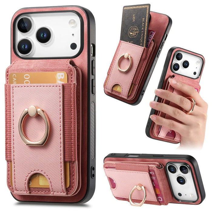 For iPhone 17 Pro Max Magnetic Case Leather Back Cover with Detachable Card Holder Kickstand - Pink - 1