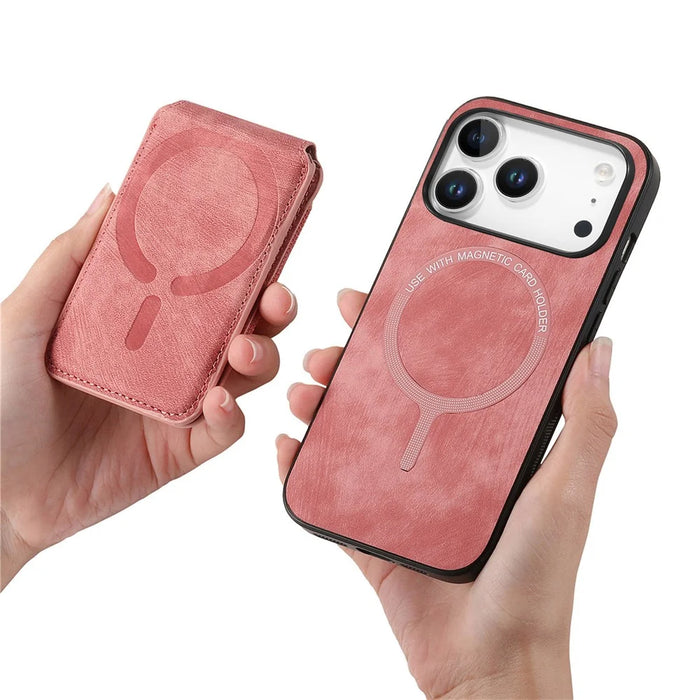 For iPhone 17 Pro Max Magnetic Case Leather Back Cover with Detachable Card Holder Kickstand - Pink - 5