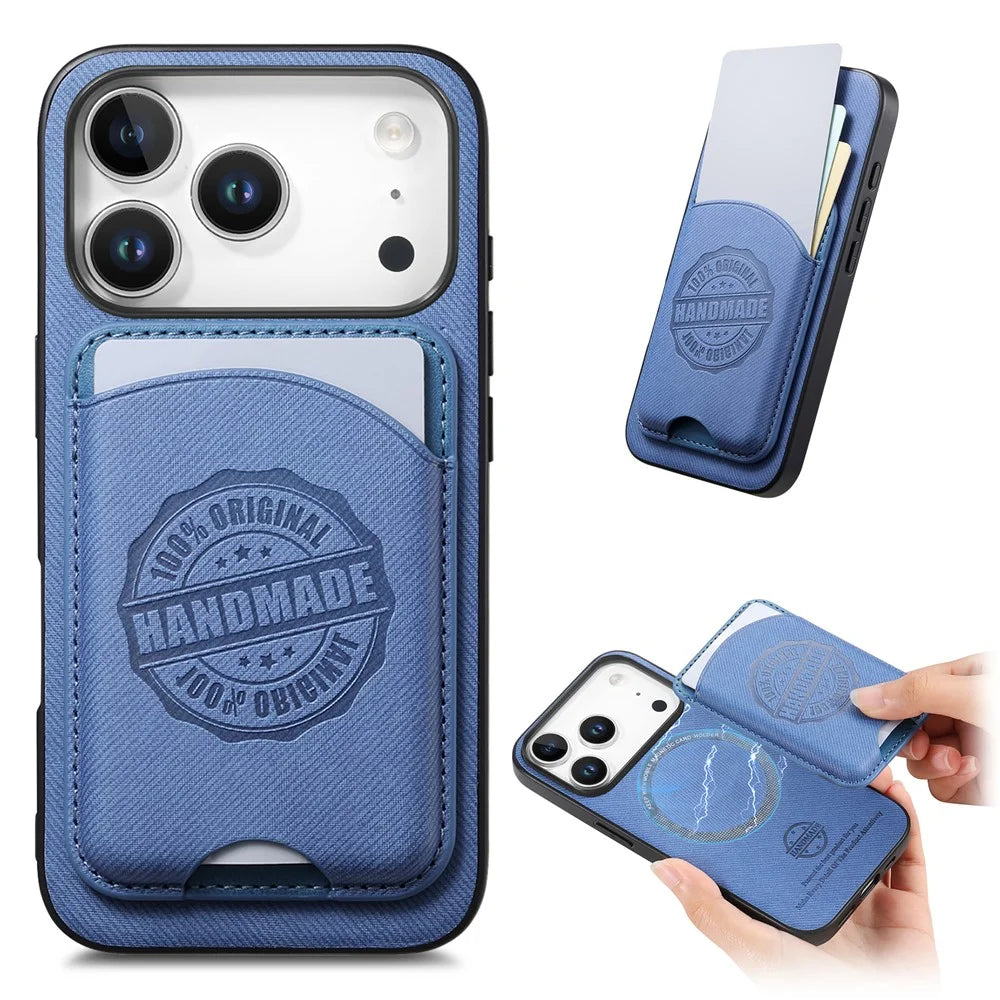 For iPhone 17 Pro Case Twill Texture Leather PC TPU Phone Cover with Detachable Magnetic Card Holder - Blue - 1