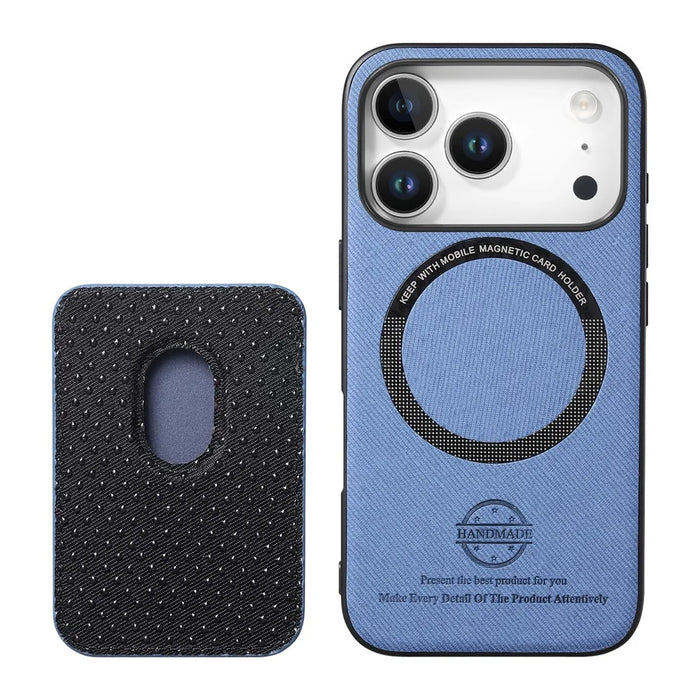 For iPhone 17 Pro Case Twill Texture Leather PC TPU Phone Cover with Detachable Magnetic Card Holder - Blue - 2