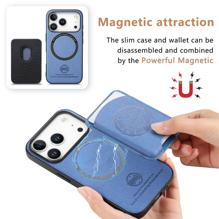 For iPhone 17 Pro Case Twill Texture Leather PC TPU Phone Cover with Detachable Magnetic Card Holder - Blue - 5