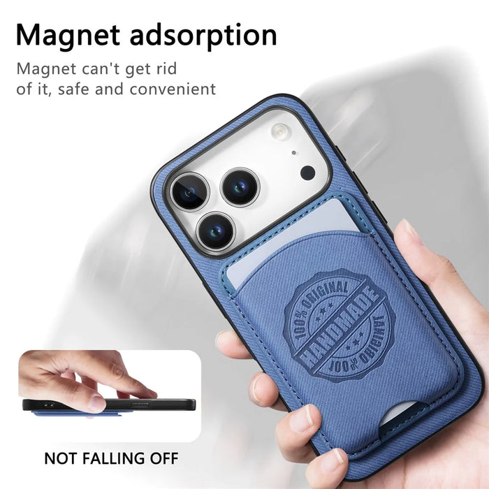 For iPhone 17 Pro Case Twill Texture Leather PC TPU Phone Cover with Detachable Magnetic Card Holder - Blue - 6