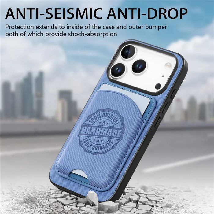 For iPhone 17 Pro Case Twill Texture Leather PC TPU Phone Cover with Detachable Magnetic Card Holder - Blue - 7