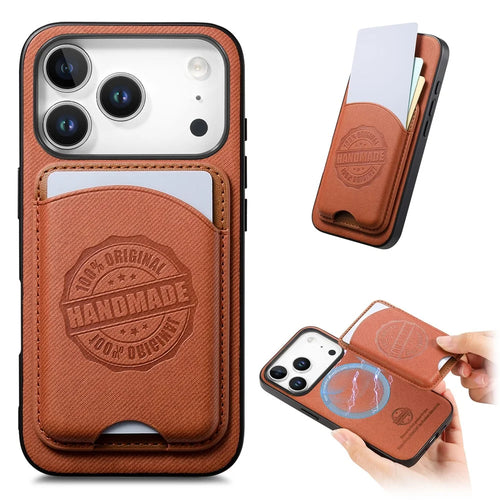 For iPhone 17 Pro Max Case Case Twill Texture Leather PC TPU Phone Cover with Detachable Magnetic Card Holder - Brown - 1