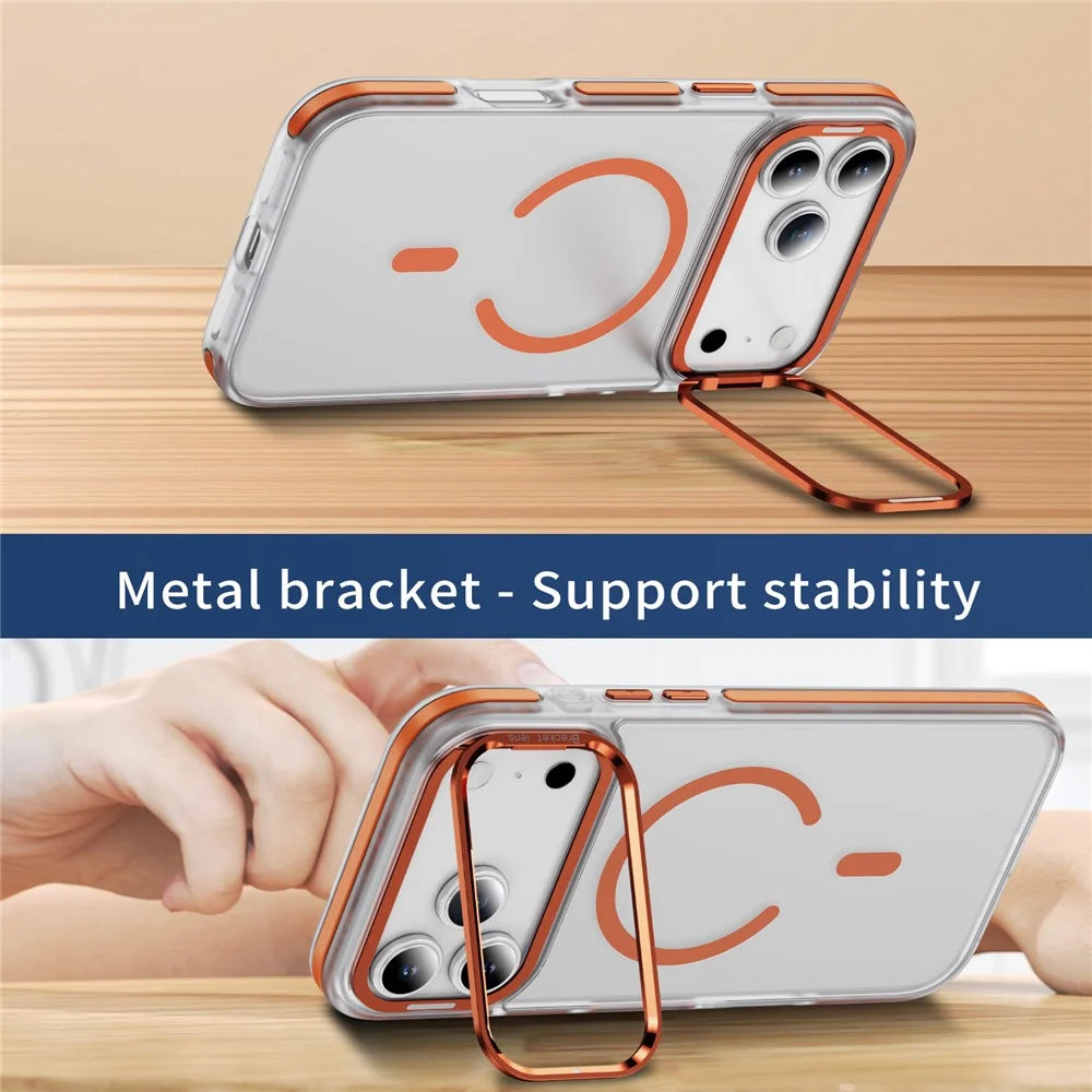 For iPhone 17 Pro Case Compatible with MagSafe Metal Lens Frame Kickstand Skin Touch Acrylic TPU Phone Cover - Orange - 4