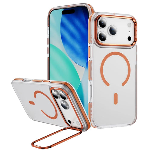 For iPhone 17 Pro Max Case Compatible with MagSafe Metal Lens Frame Kickstand Skin Touch Acrylic TPU Phone Cover - Orange - 1