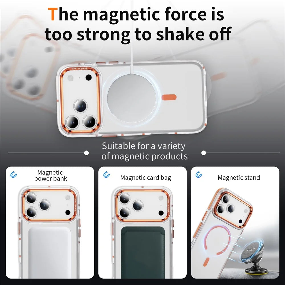 For iPhone 17 Pro Max Case Compatible with MagSafe Metal Lens Frame Kickstand Skin Touch Acrylic TPU Phone Cover - Orange - 3