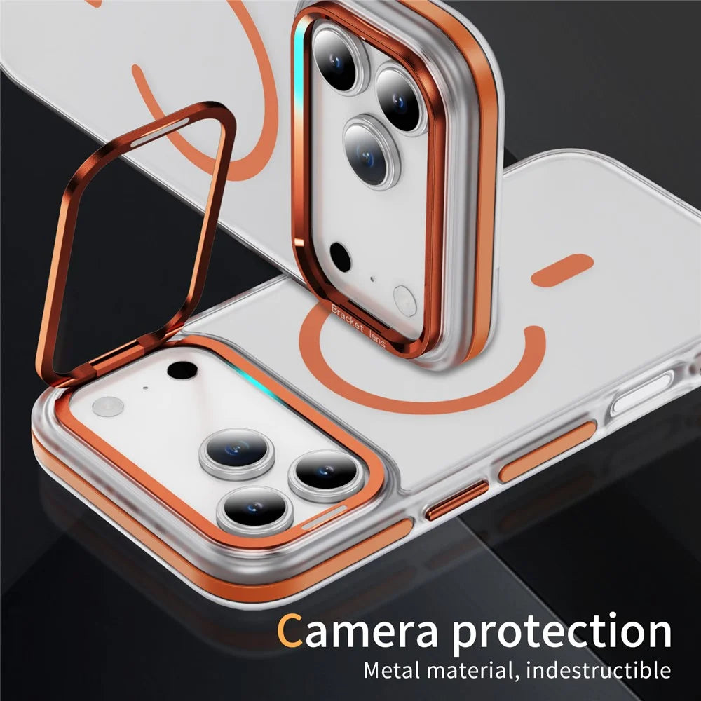 For iPhone 17 Pro Max Case Compatible with MagSafe Metal Lens Frame Kickstand Skin Touch Acrylic TPU Phone Cover - Orange - 5