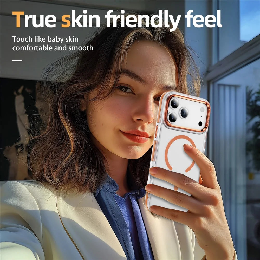For iPhone 17 Pro Max Case Compatible with MagSafe Metal Lens Frame Kickstand Skin Touch Acrylic TPU Phone Cover - Orange - 6
