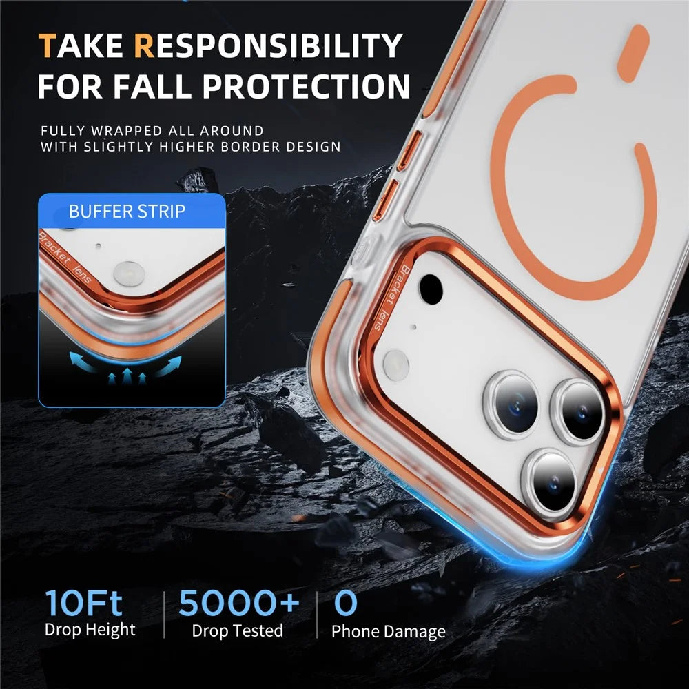 For iPhone 17 Pro Max Case Compatible with MagSafe Metal Lens Frame Kickstand Skin Touch Acrylic TPU Phone Cover - Orange - 7