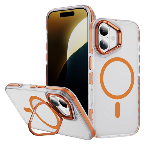 For iPhone 17 Case Compatible with MagSafe Metal Lens Frame Kickstand Skin Touch Acrylic TPU Phone Cover - Orange - 1