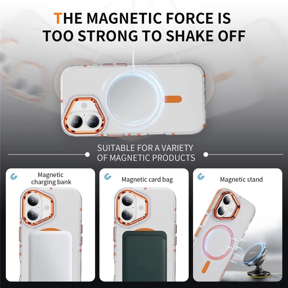 For iPhone 17 Case Compatible with MagSafe Metal Lens Frame Kickstand Skin Touch Acrylic TPU Phone Cover - Orange - 3