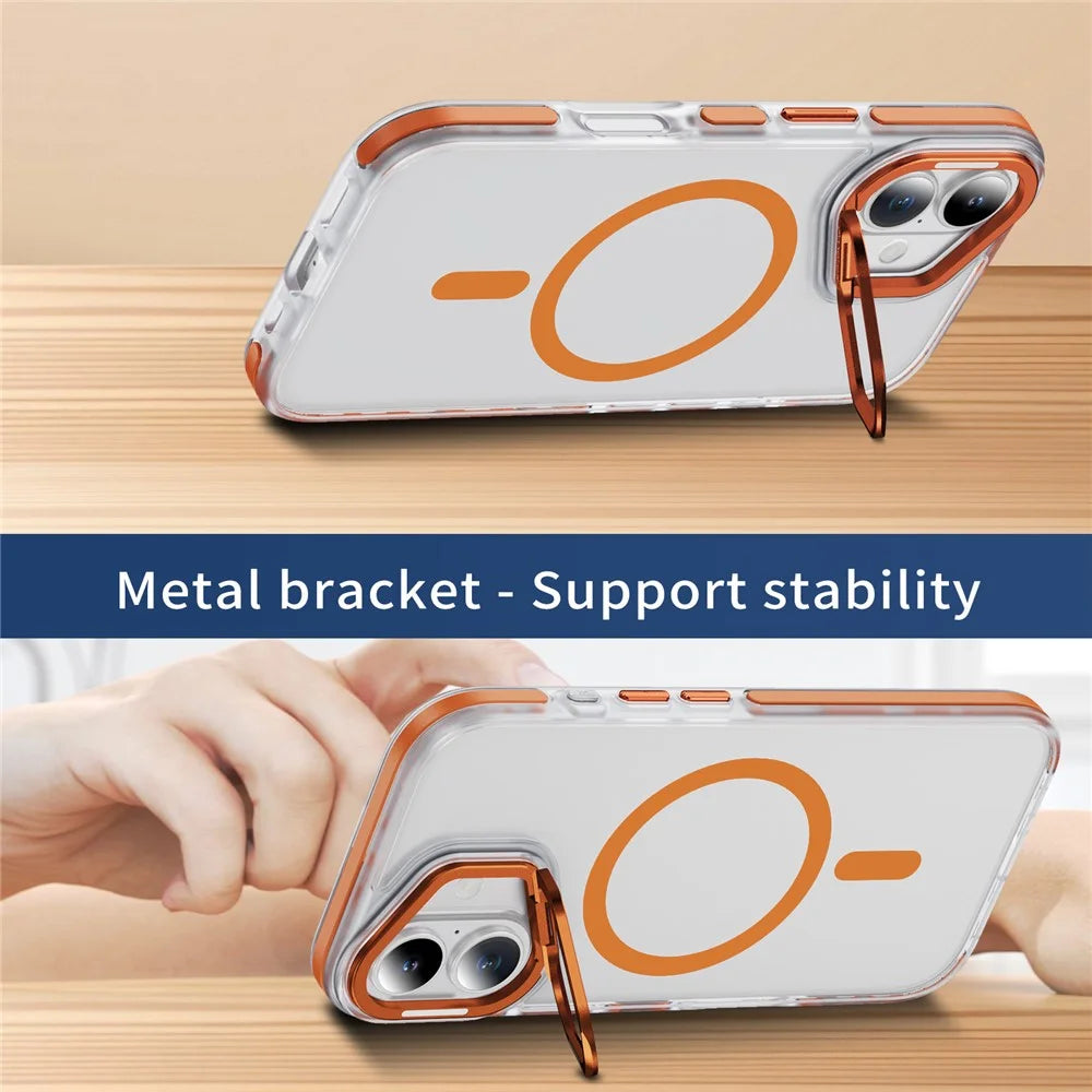 For iPhone 17 Case Compatible with MagSafe Metal Lens Frame Kickstand Skin Touch Acrylic TPU Phone Cover - Orange - 4