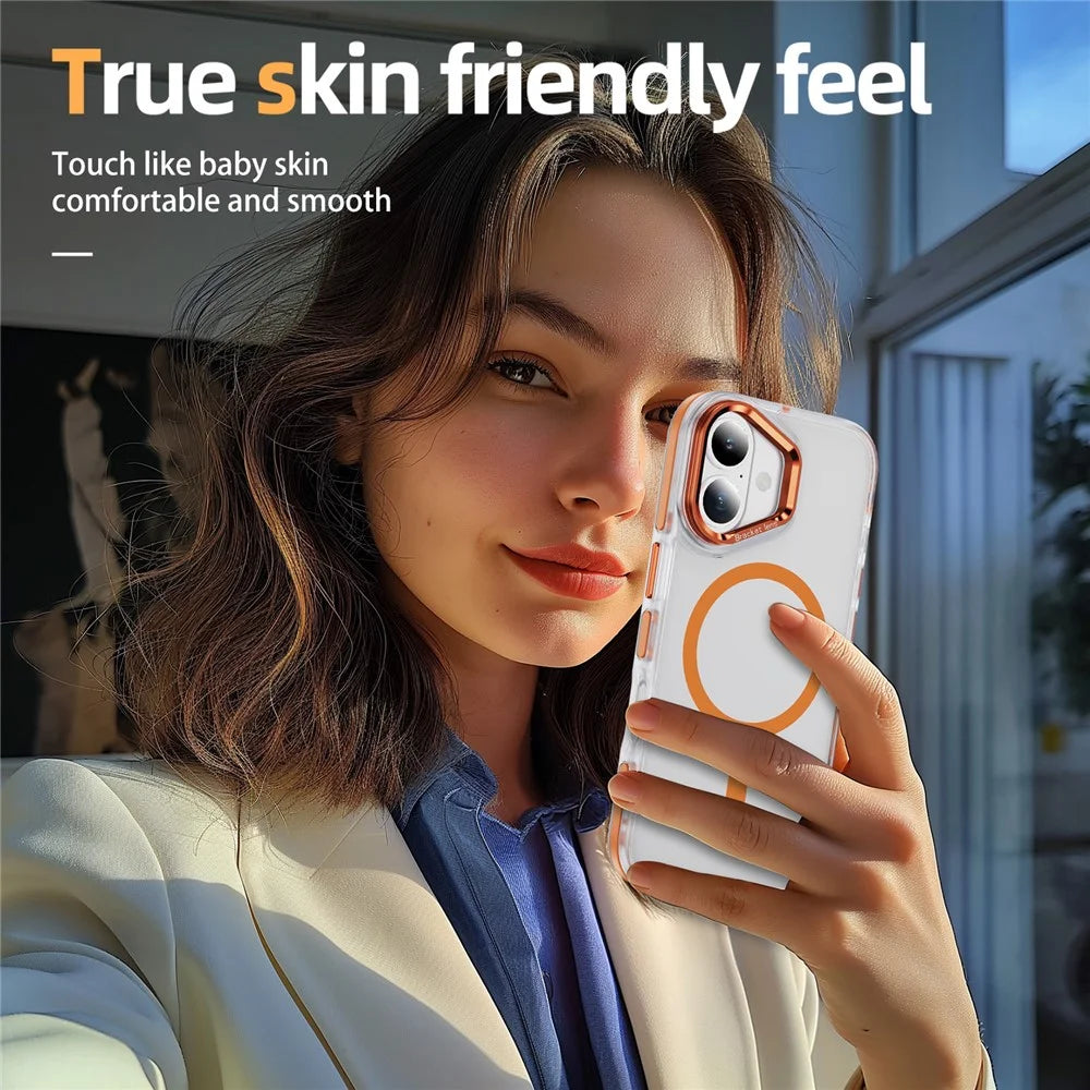 For iPhone 17 Case Compatible with MagSafe Metal Lens Frame Kickstand Skin Touch Acrylic TPU Phone Cover - Orange - 6