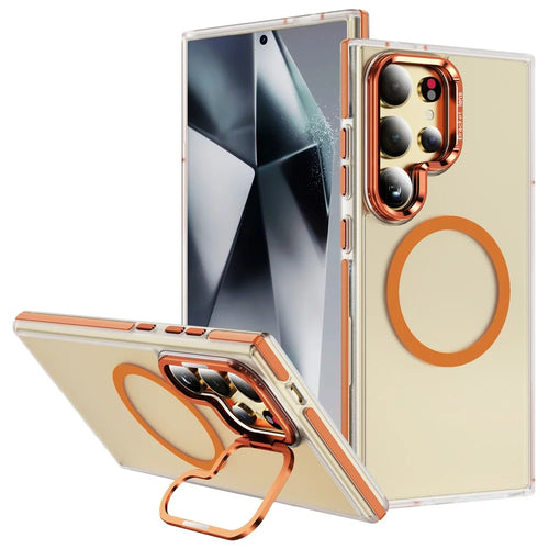 For Samsung Galaxy S25 Ultra Magnetic Case Metal Lens Frame Kickstand Skin Touch Acrylic TPU Phone Cover - Orange - 1