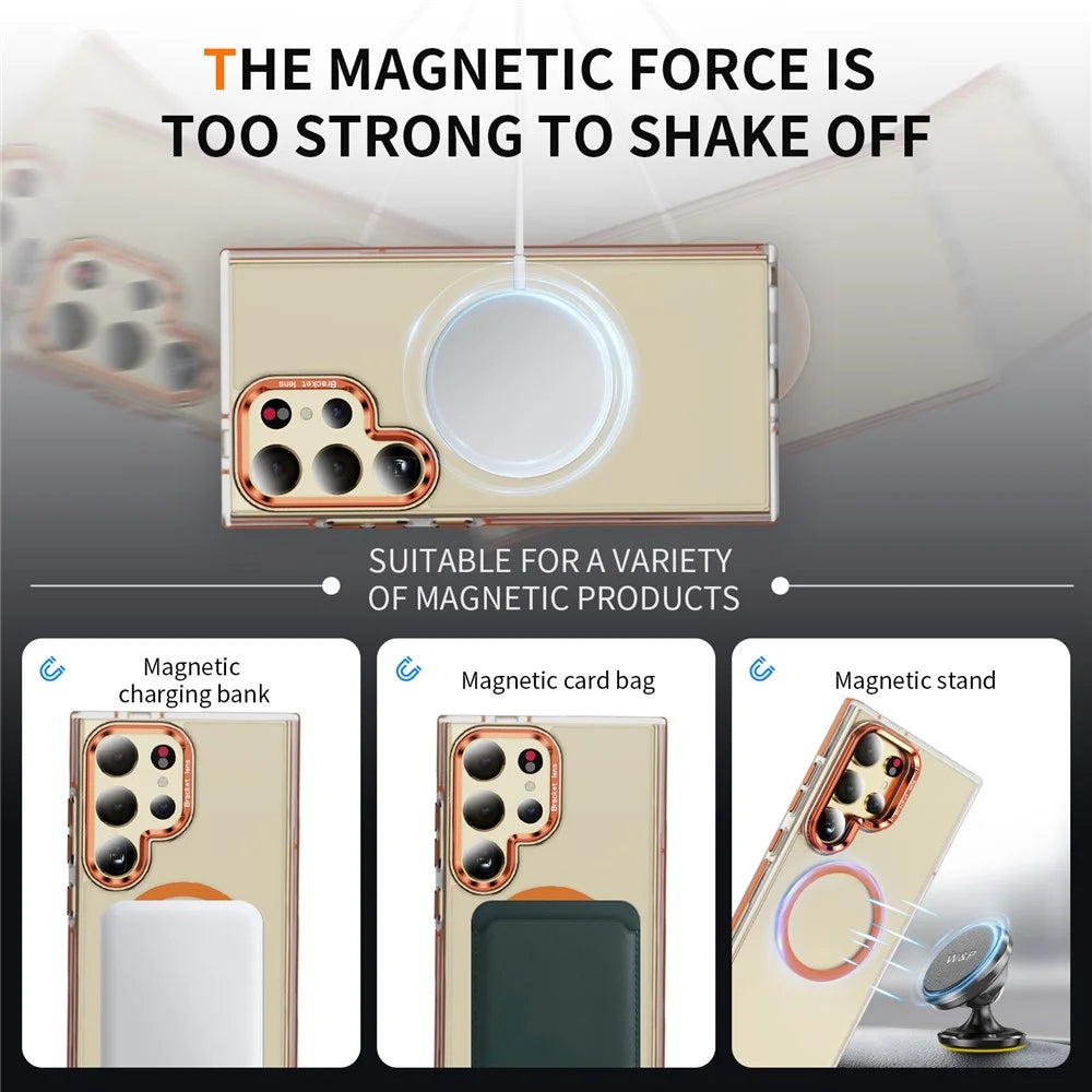 For Samsung Galaxy S25 Ultra Magnetic Case Metal Lens Frame Kickstand Skin Touch Acrylic TPU Phone Cover - Orange - 3