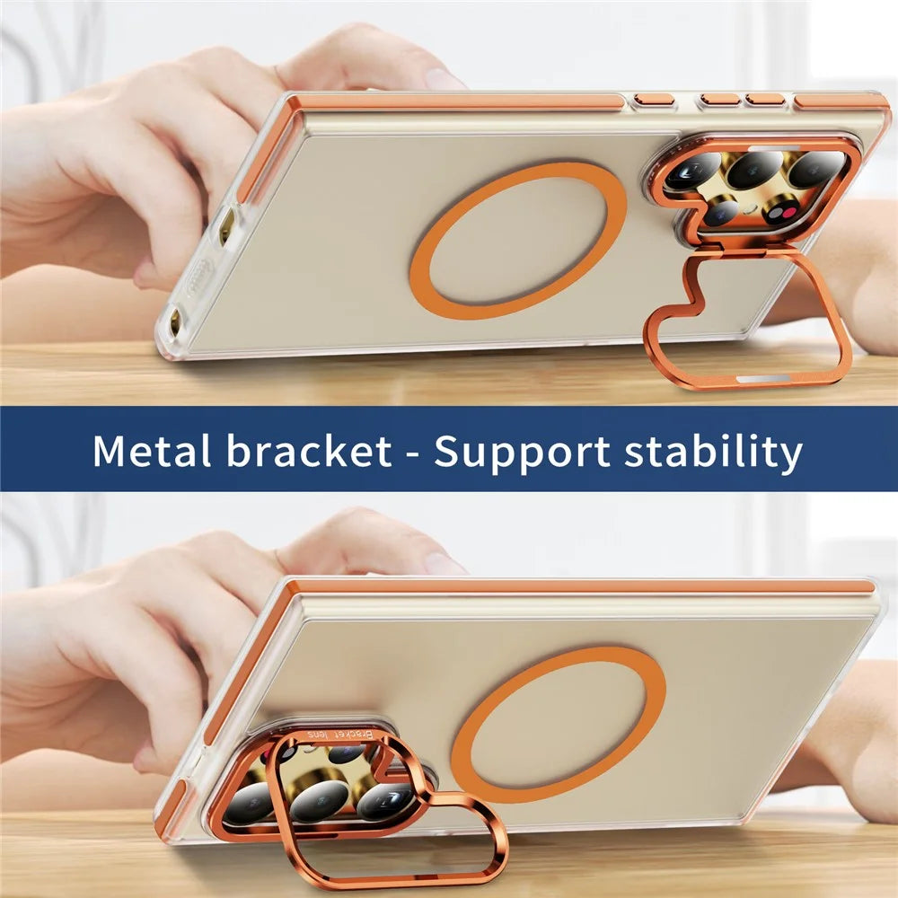 For Samsung Galaxy S25 Ultra Magnetic Case Metal Lens Frame Kickstand Skin Touch Acrylic TPU Phone Cover - Orange - 4