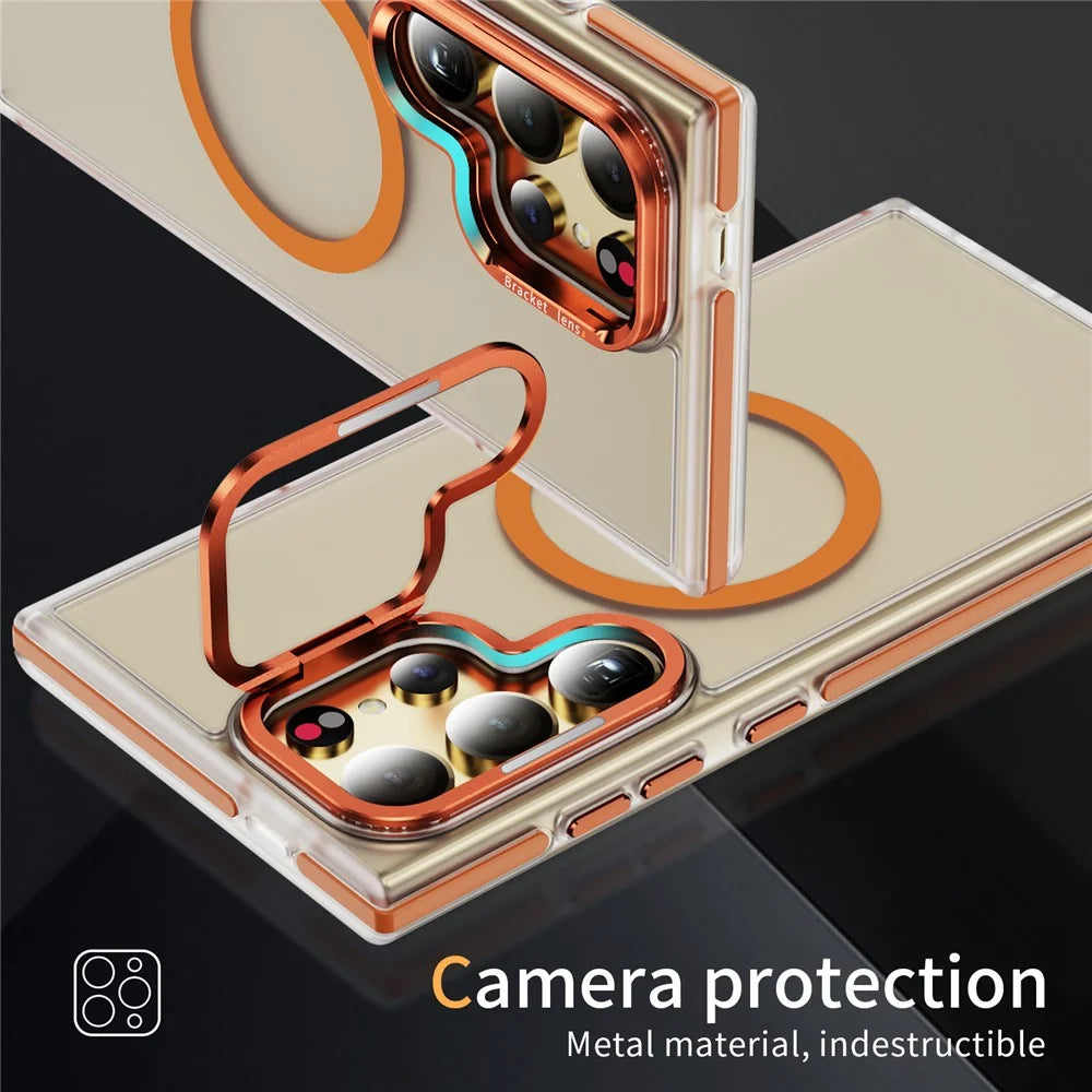 For Samsung Galaxy S25 Ultra Magnetic Case Metal Lens Frame Kickstand Skin Touch Acrylic TPU Phone Cover - Orange - 5