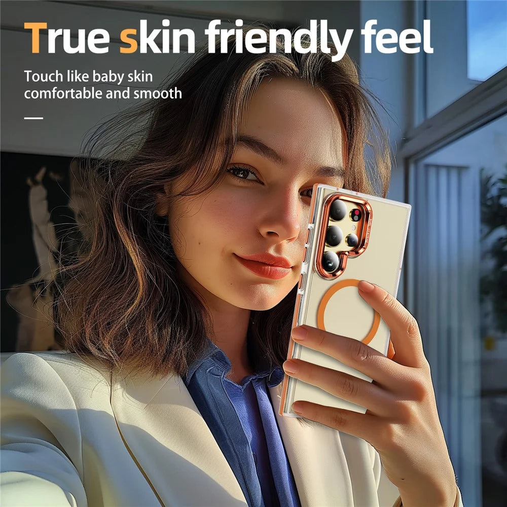 For Samsung Galaxy S25 Ultra Magnetic Case Metal Lens Frame Kickstand Skin Touch Acrylic TPU Phone Cover - Orange - 6