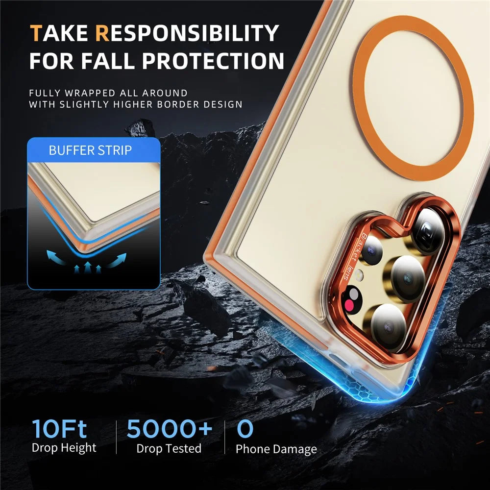 For Samsung Galaxy S25 Ultra Magnetic Case Metal Lens Frame Kickstand Skin Touch Acrylic TPU Phone Cover - Orange - 7