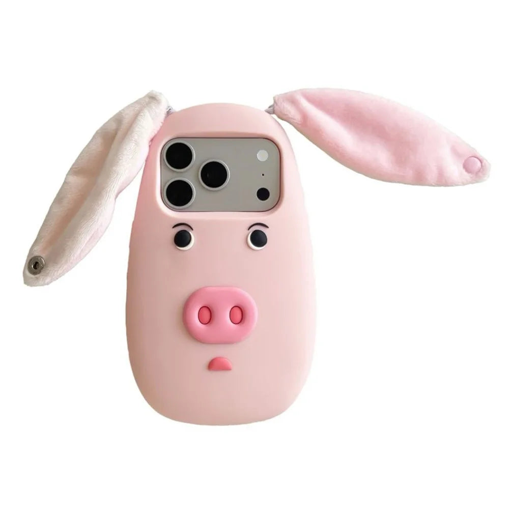 For iPhone 18 Pro / 17 Pro Silicone Case Cute 3D Cartoon Pig Face Plush Cloth Ears Shockproof Phone Back Cover - Pink - 2