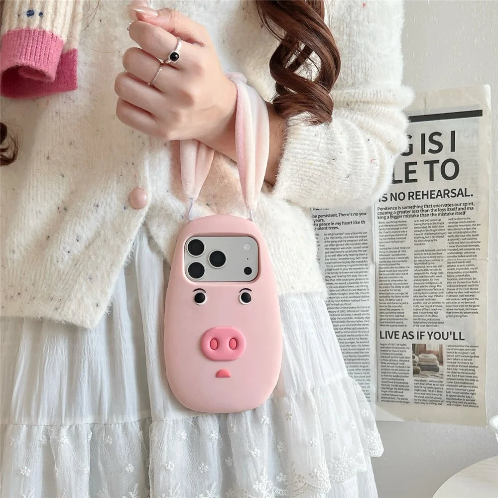 For iPhone 18 Pro / 17 Pro Silicone Case Cute 3D Cartoon Pig Face Plush Cloth Ears Shockproof Phone Back Cover - Pink - 3