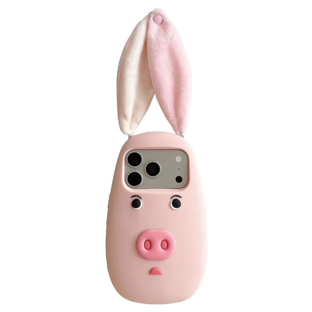 For iPhone 18 Pro Max / 17 Pro Max Silicone Case Cute 3D Cartoon Pig Face Plush Cloth Ears Shockproof Phone Back Cover - Pink - 1