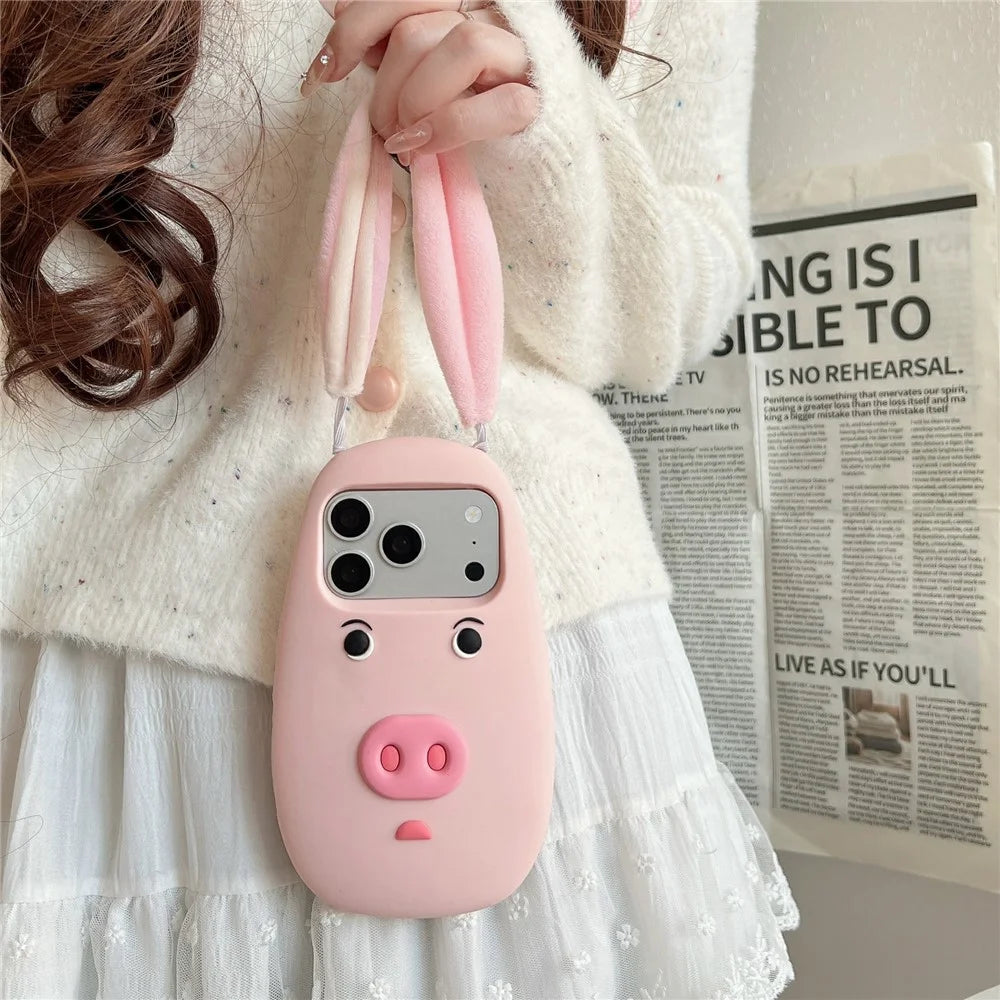 For iPhone 18 Pro Max / 17 Pro Max Silicone Case Cute 3D Cartoon Pig Face Plush Cloth Ears Shockproof Phone Back Cover - Pink - 4