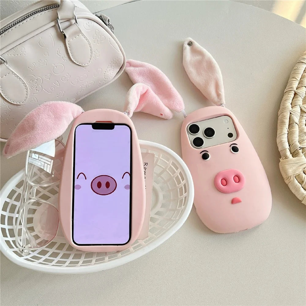 For iPhone 18 Pro Max / 17 Pro Max Silicone Case Cute 3D Cartoon Pig Face Plush Cloth Ears Shockproof Phone Back Cover - Pink - 5