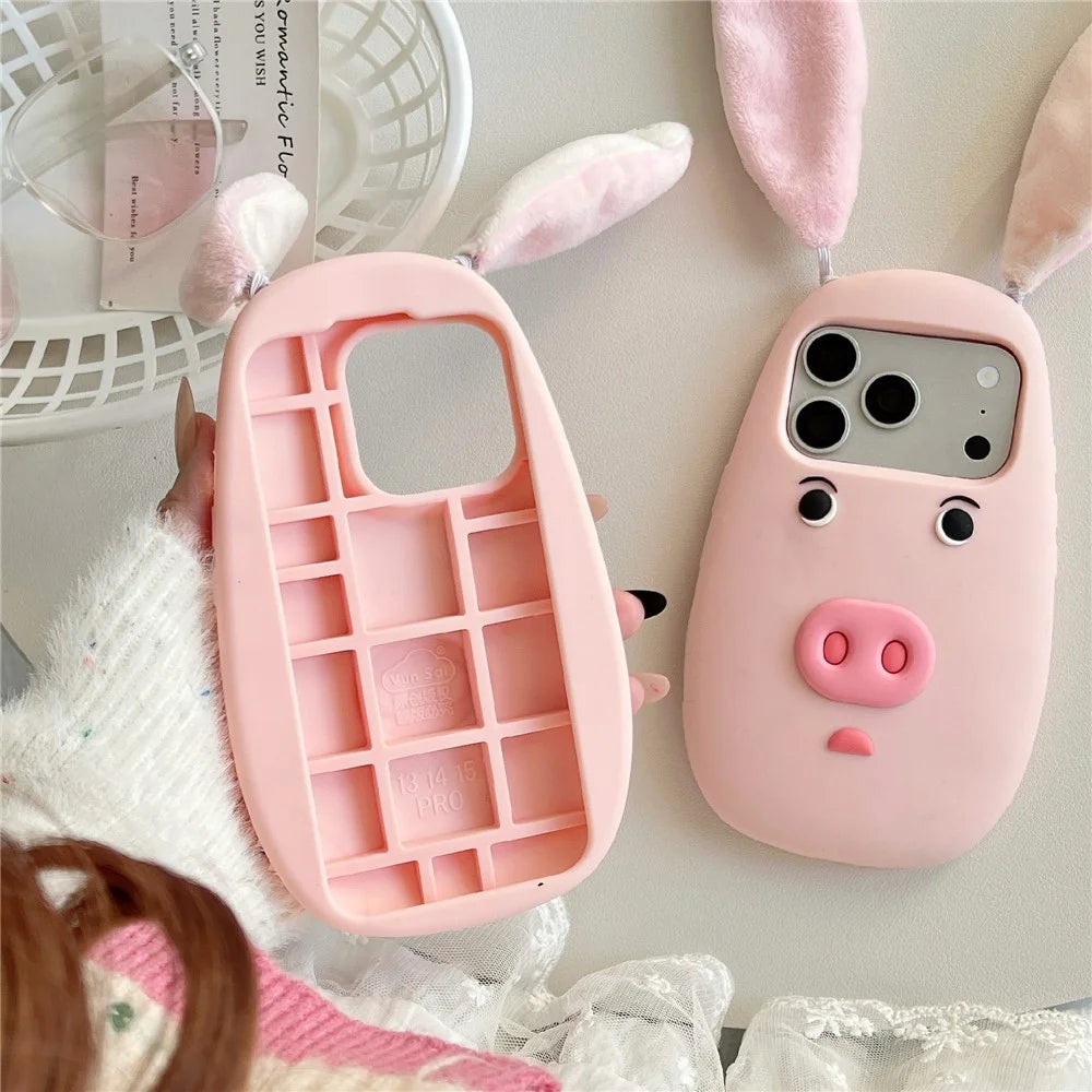 For iPhone 18 Pro Max / 17 Pro Max Silicone Case Cute 3D Cartoon Pig Face Plush Cloth Ears Shockproof Phone Back Cover - Pink - 6