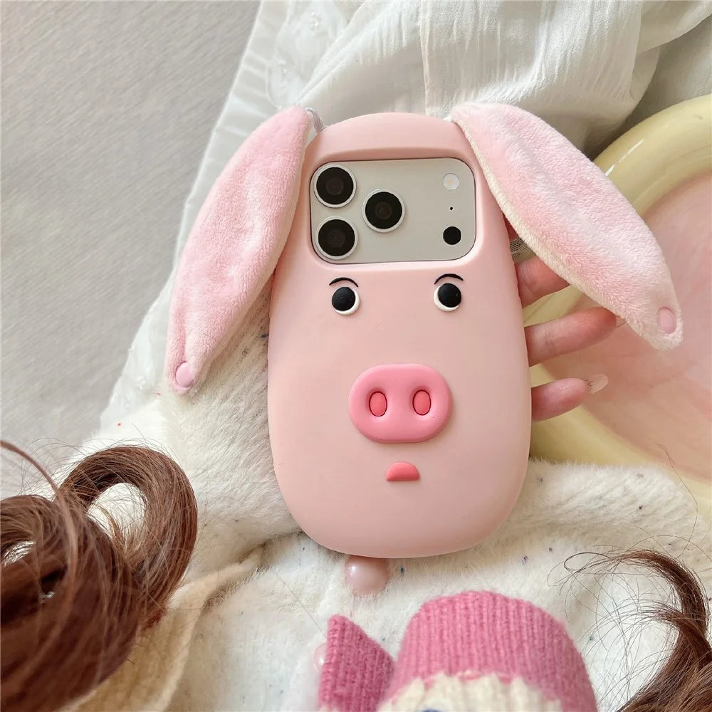 For iPhone 18 Pro Max / 17 Pro Max Silicone Case Cute 3D Cartoon Pig Face Plush Cloth Ears Shockproof Phone Back Cover - Pink - 7