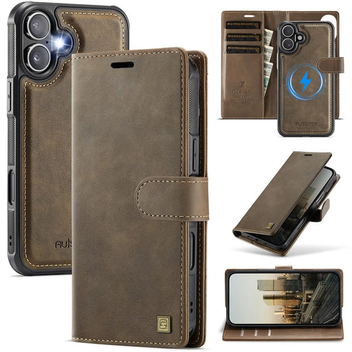 AUTSPACE A05 For iPhone 17 Case Wallet Stand Detachable Leather Magnetic Phone Cover - Coffee - 1