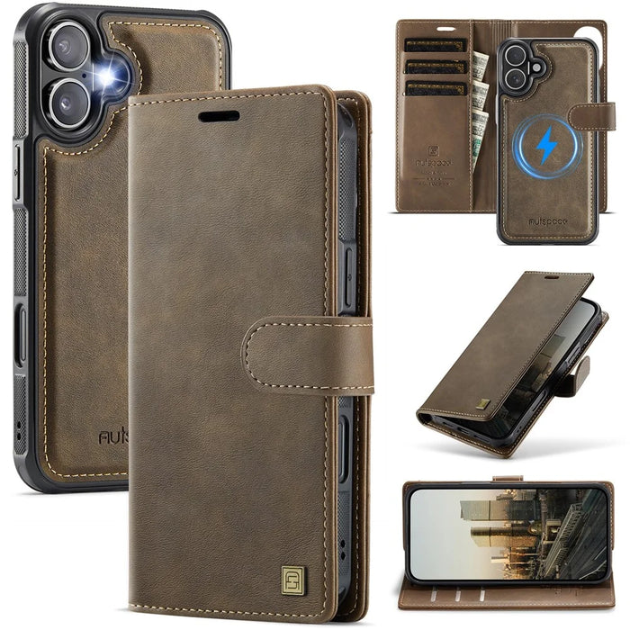 AUTSPACE A05 For iPhone 17 Case Wallet Stand Detachable Leather Magnetic Phone Cover - Coffee - 1