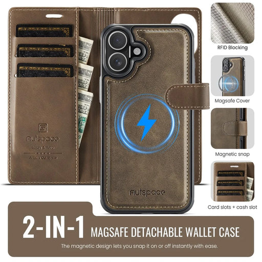 AUTSPACE A05 For iPhone 17 Case Wallet Stand Detachable Leather Magnetic Phone Cover - Coffee - 2