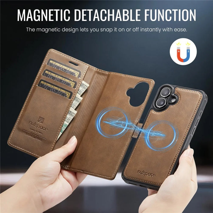AUTSPACE A05 For iPhone 17 Case Wallet Stand Detachable Leather Magnetic Phone Cover - Coffee - 3